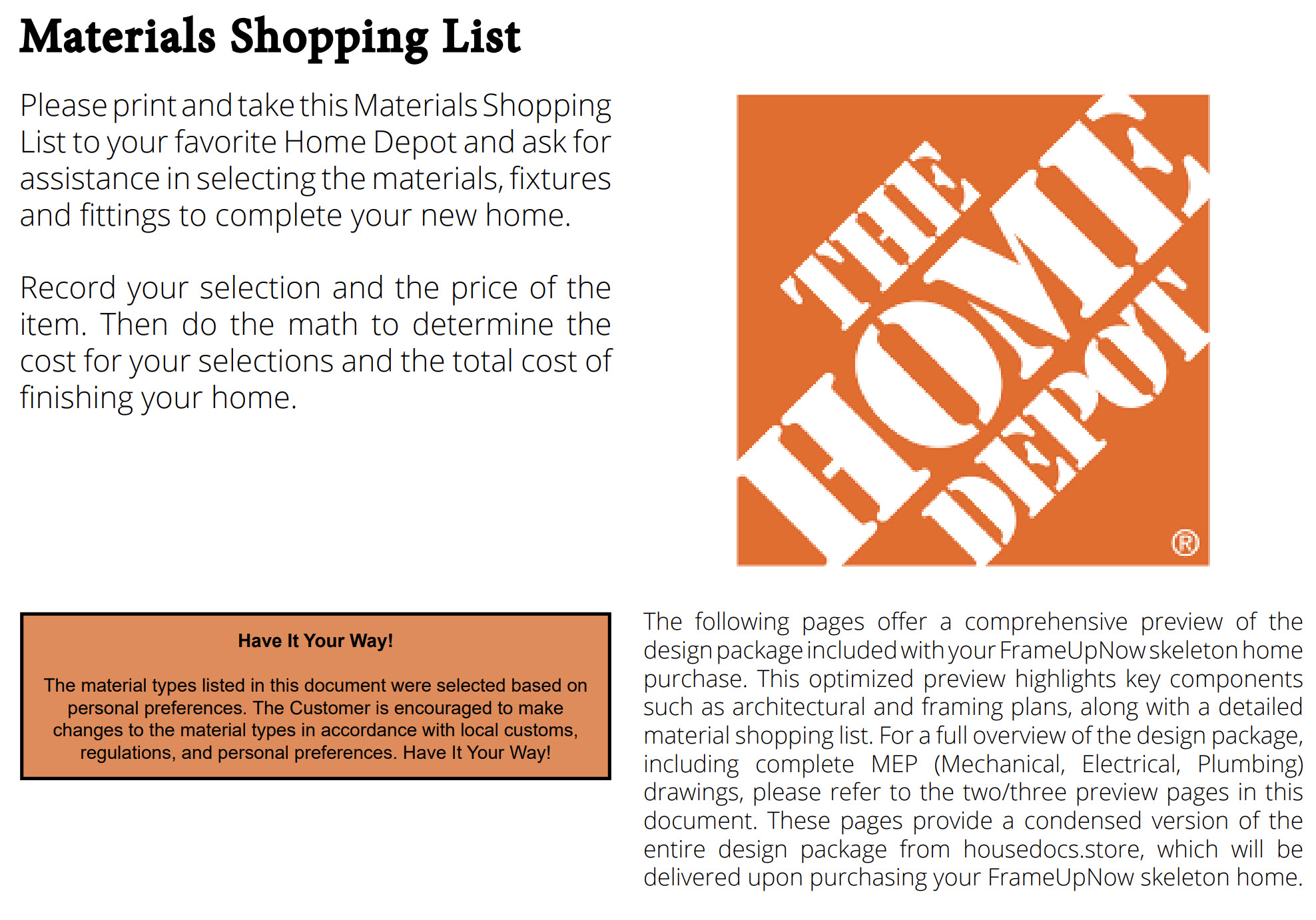 FrameUpNow Materials Shopping List overview explaining material selection and pricing.