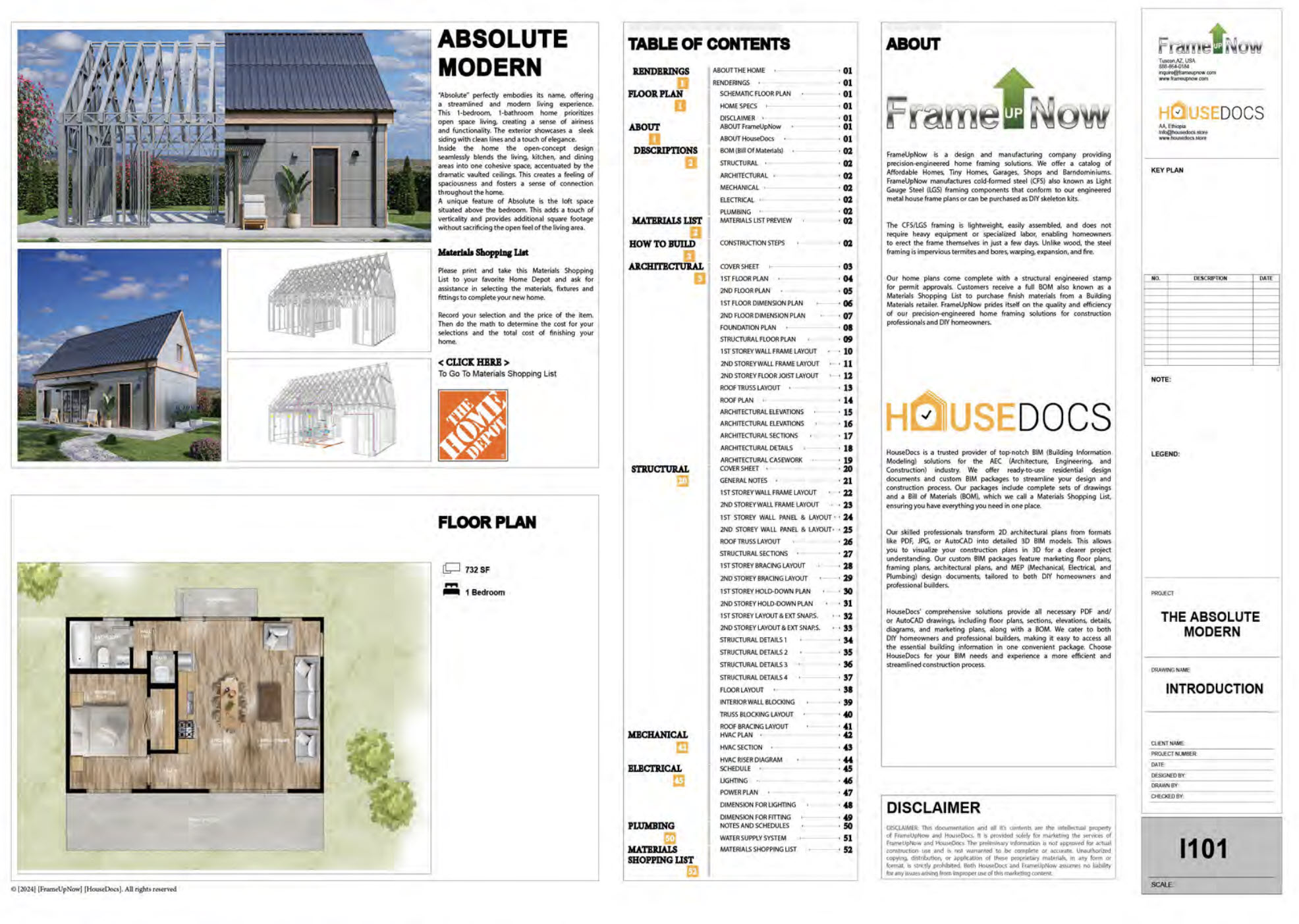 FrameUpNow design package with architectural plans, structural information, and a Materials Shopping List.